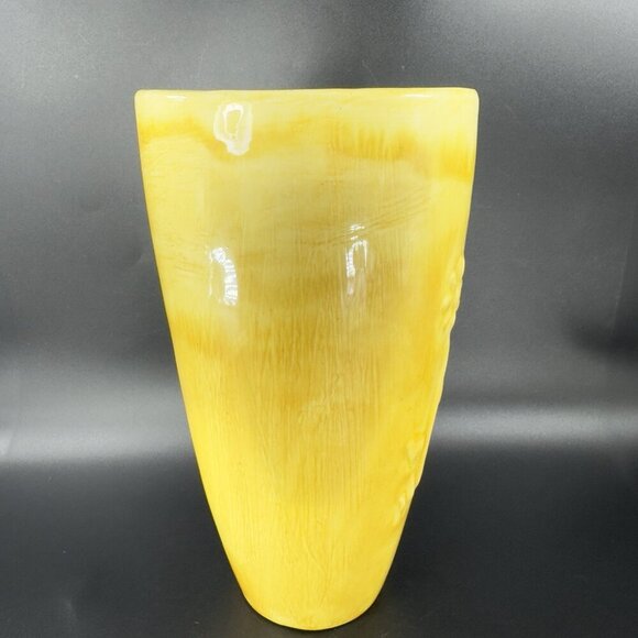 Antique Tall Yellow Pottery Vase Embossed Flower USA Hand Made Vase Vessel VTG - Picture 15 of 16